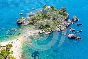 Aerial view of Isola Bella small island near Taormina, Sicily, Italy