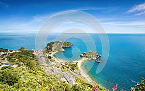 Aerial view of Isola Bella small island near Taormina, Sicily, southern Italy