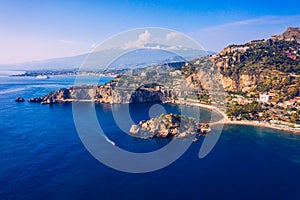 Aerial view of Isola Bella in Taormina, Sicily, Italy. Isola Bella is small island near Taormina, Sicily, Italy. Narrow path