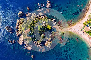 Aerial view of Isola Bella in Taormina, Sicily, Italy. Isola Bella is small island near Taormina, Sicily, Italy. Narrow path