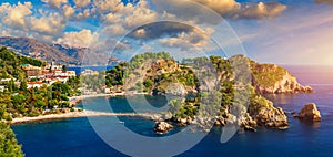 Aerial view of Isola Bella in Taormina, Sicily, Italy. Isola Bella is small island near Taormina, Sicily, Italy. Narrow path