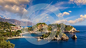 Aerial view of Isola Bella in Taormina, Sicily, Italy. Isola Bella is small island near Taormina, Sicily, Italy. Narrow path