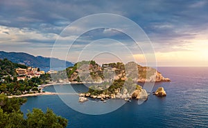 Aerial view of Isola Bella in Taormina, Sicily, Italy. Isola Bella is small island near Taormina, Sicily, Italy. Narrow path