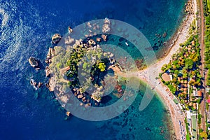 Aerial view of Isola Bella in Taormina, Sicily, Italy. Isola Bella is small island near Taormina, Sicily, Italy. Narrow path