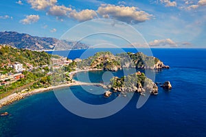 Aerial view of Isola Bella in Taormina, Sicily, Italy. Isola Bella is small island near Taormina, Sicily, Italy. Narrow path