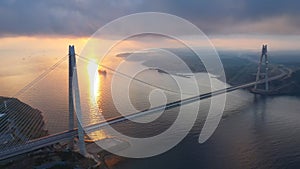 Aerial view of Istanbul\'s 3rd cable bridge YSS at sunset