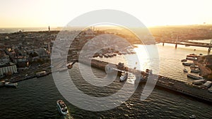 Aerial view of Istanbul at sunset from a drone. Turkey. Cultural centers of Istanbul, bosphorus scenery on golden horn