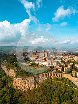 Aerial view of the Italian city of Orvieto, located on a lush green hillside