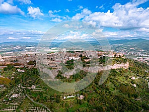 Aerial view of the Italian city of Orvieto, located on a lush green hillside