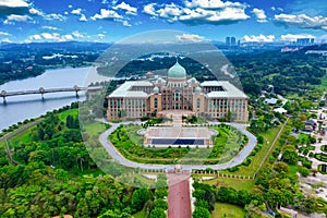 Aerial View Of Jabatan Perdana Menteri at daytime on blue sky background in Putrajaya, Malaysia