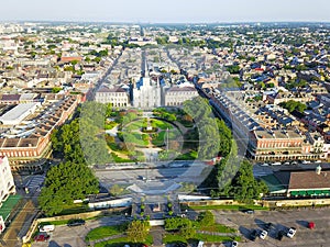 Aerial Jackson Square Saint Louis Cathedral church in New Orleans, Louisiana