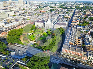 Aerial Jackson Square Saint Louis Cathedral church in New Orleans, Louisiana