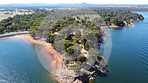 Aerial view of Jacksons point Bonegilla Victoria Australia with mountain view and lake hume