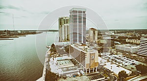 Aerial view of Jacksonville skyline on a cloudy day, Florida, US