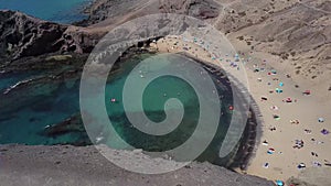 Aerial view of the jagged shores and beaches of Lanzarote, Spain, Canary. Papagayo beach