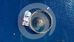 Aerial view of the jails of a fish farm in the Mediterranean Sea.