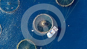 Aerial view of the jails of a fish farm in the Mediterranean Sea.