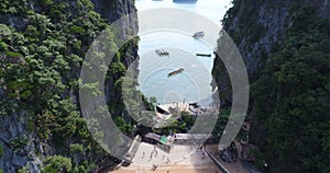 Aerial view of James Bond island and beautiful limestone rock formations in the sea