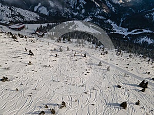 Letecký pohled na skiareál Jasná slop a freeride zóna