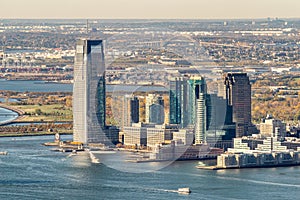 Aerial view of Jersey City skyscrapers along Hudson River, New Jersey, USA