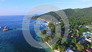 Aerial view of Jetty in La Digue Island (Anse la Reunion), Seychelles.