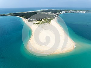 Aerial view of Jibei Island, a famous tourist destination for water sports in Baisha, Penghu County, Taiwan