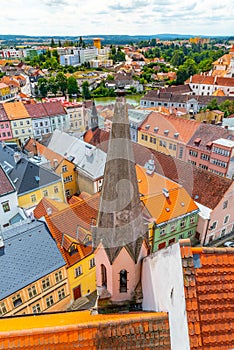 Aerial view of Jindrichuv Hradec from church tower, Czech Republic