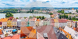 Aerial view of Jindrichuv Hradec from church tower, Czech Republic