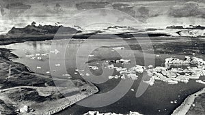 Aerial view of Jokullsarlon Glacier Lake and Icebergs at sunset, Iceland