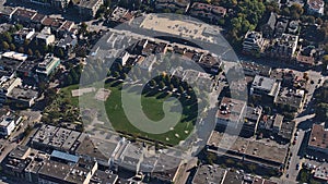 Aerial view of Jonathan Rogers Park in district Mount Pleasant in the south of Vancouver, British Columbia, Canada.