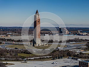 Aerial view of the Jones Beach water tower on a sunny day in winter on Long Island, New York