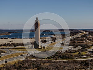 Aerial view of the Jones Beach water tower on a sunny day in winter on Long Island, New York