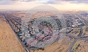 Aerial view of Jumeirah island, Dubai Downtown skyline in United Arab Emirates or UAE. Financial district and business area in