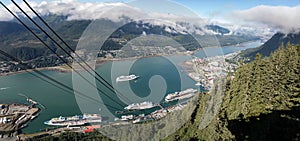 Aerial view of the Juneau with cruise ship dock as seen from the Mount Roberts Tramway, Alaska USA