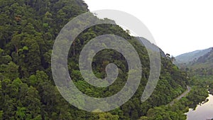 Aerial view of jungle covered mountain, jungle goad and river