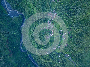 Aerial view Kabut Pelangi Waterfall in East Java.
