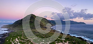 Aerial view of Kaena Point, the northwestern most point of Oahu, at sunset