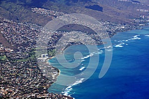 Aerial view of Kahala, and H-1 Highway, Pacific ocean, clouds, a