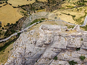 Aerial view of Kahta Castle, Kalesi. The Yeni Kale Fortress in Eski Kahta is perched atop a hill with a steep slope. Turkey