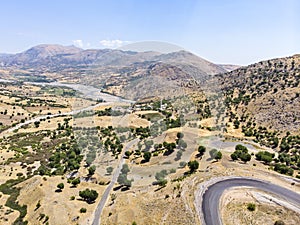 Aerial view of Kahta Sincik Road, close to Katha river near the village of Taslica, Adiyaman Province, Turkey. Winding roads