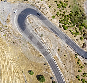 Aerial view of Kahta Sincik Road, close to Katha river near the village of Taslica, Adiyaman Province, Turkey. Winding roads