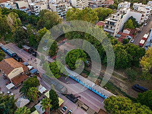 Aerial view of Kalamata Municipal Railway Park. The only open air museum of its kind in Greece and popular among all railway