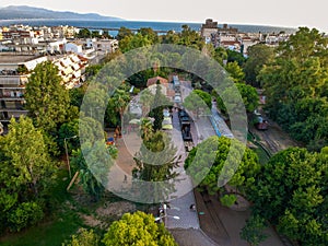 Aerial view of Kalamata Municipal Railway Park. The only open air museum of its kind in Greece and popular among all railway