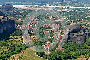 Aerial view of Kalambaka city in Greece as seen from the top of Meteora hills