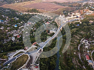 Aerial view of Kamianets-Podilskyi castle in Ukraine. The fortress located among the picturesque nature in the historic city of Ka