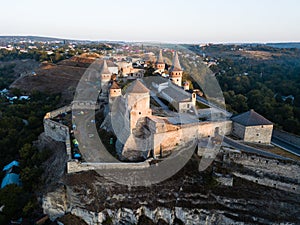 Aerial view of Kamianets-Podilskyi castle in Ukraine. The fortress located among the picturesque nature in the historic city of Ka