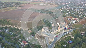 Aerial view of Kamianets-Podilskyi castle in Ukraine at sunrise