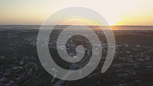 Aerial view of Kamianets-Podilskyi castle in Ukraine at sunrise