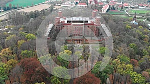 Aerial view of Kamieniec Zabkowicki Palace in Poland.