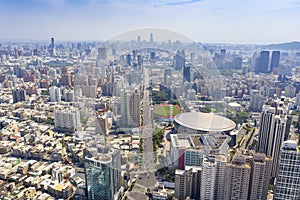 Aerial view of Kaohsiung Arena and cityscapes.